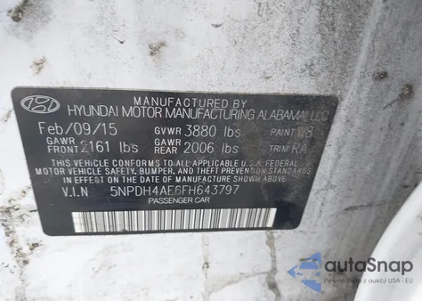 2015 Hyundai Elantra Se from USA, damaged, VIN 5NPDH4AE6FH643797